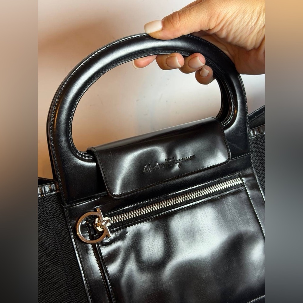 Salvatore Ferragamo Gancini Hand Bag in Black Nylon with Black Leather Trim - Picture 4 of 10